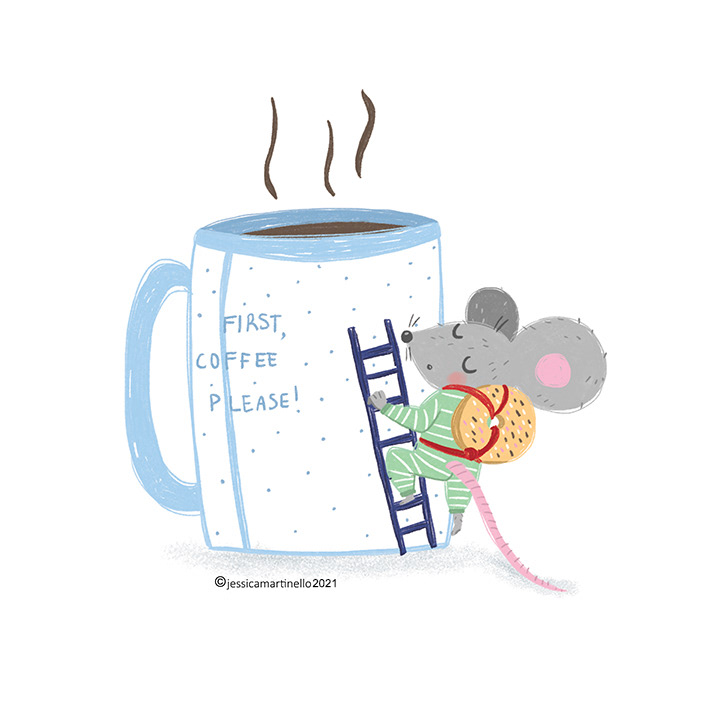 First coffee, please for mice Nino. Illustration by Jessica Martinello