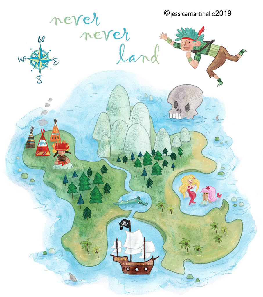 Peter Pan illustration: map of the Never never land. Jessica Martinello illustrator