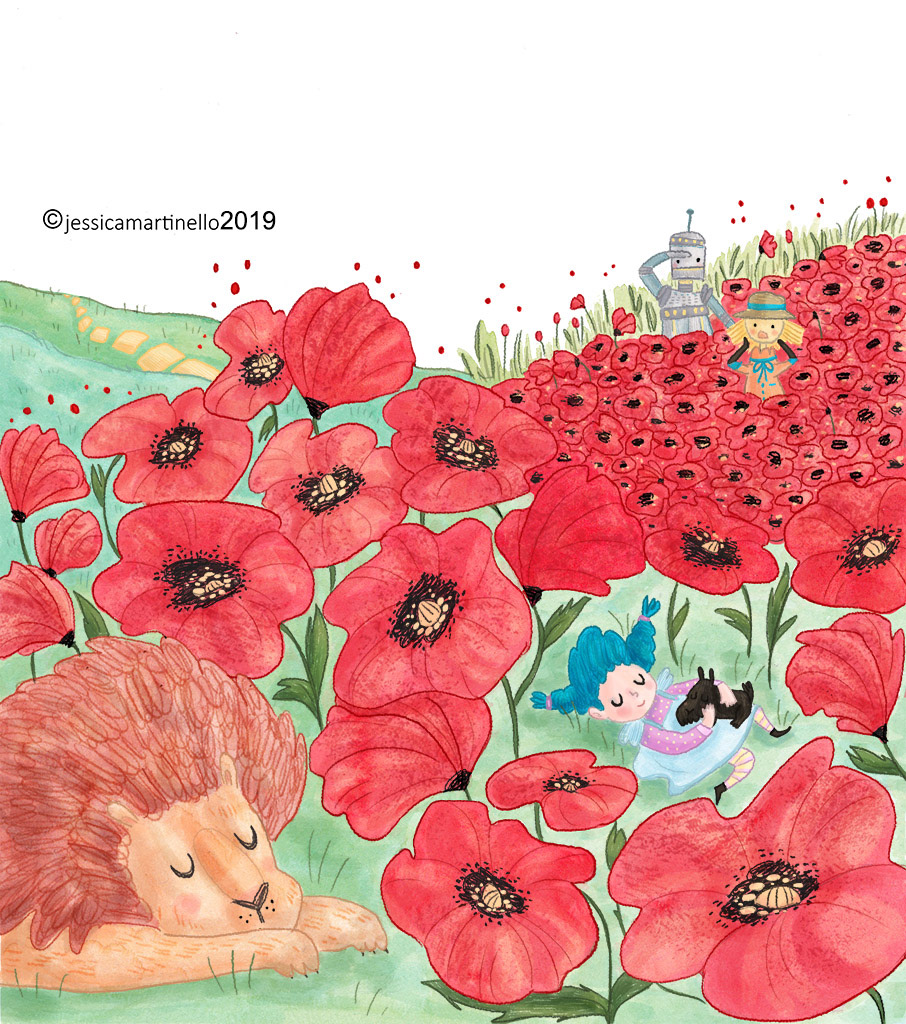 Wizard of Oz illustration: Dorothy and her friends in the poppies field. Jessica Martinello illustrator