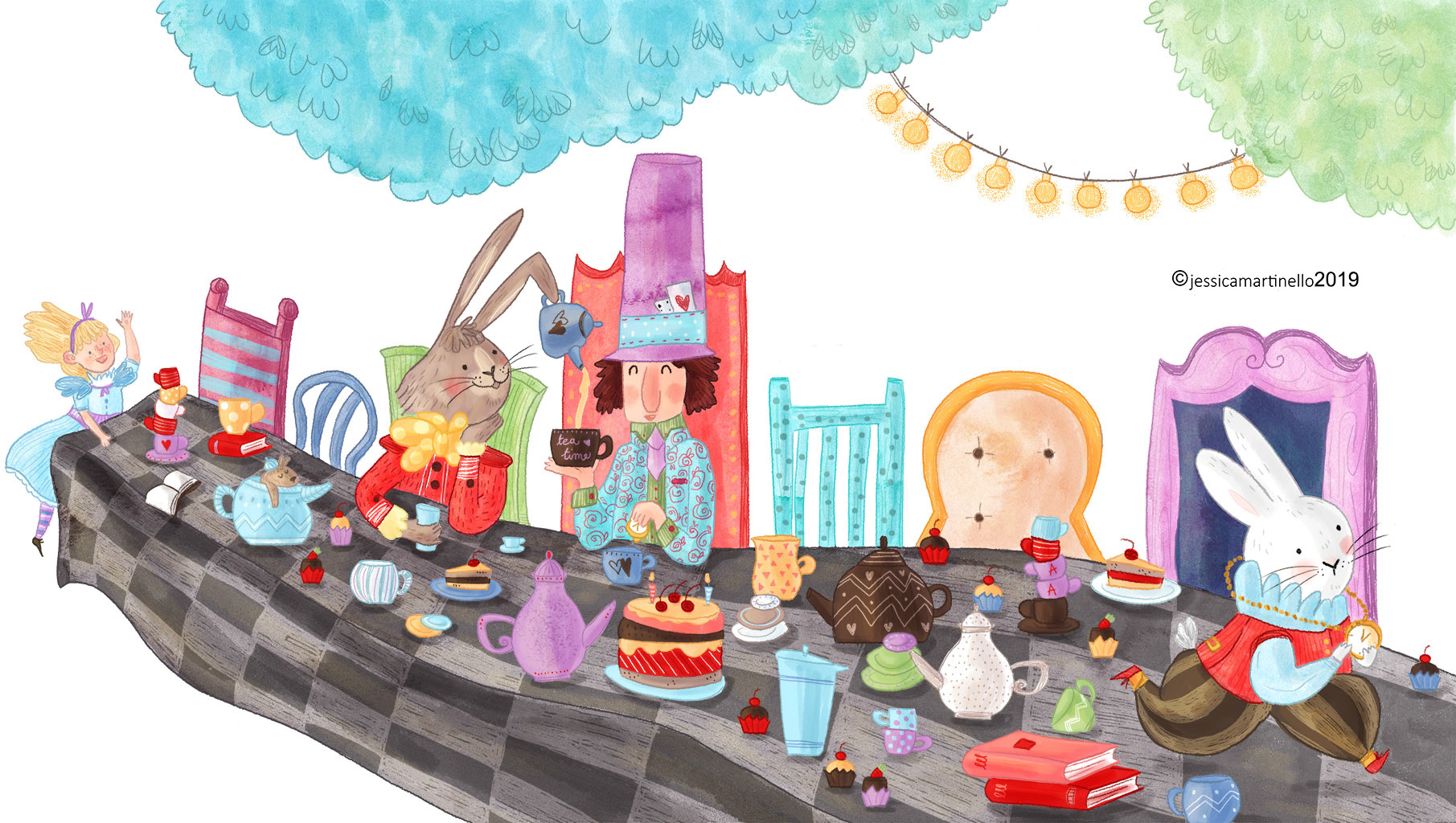 Alice in Wonderland illustration: it's tea time for mads. Jessica Martinello illustrator