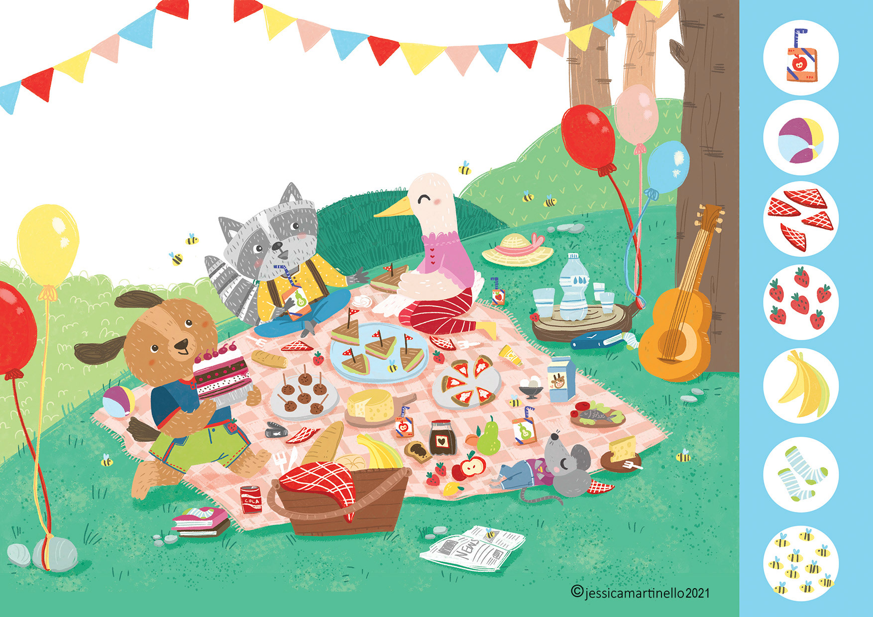 Seek and find-Picnic with friends. Illustration by Jessica Martinello