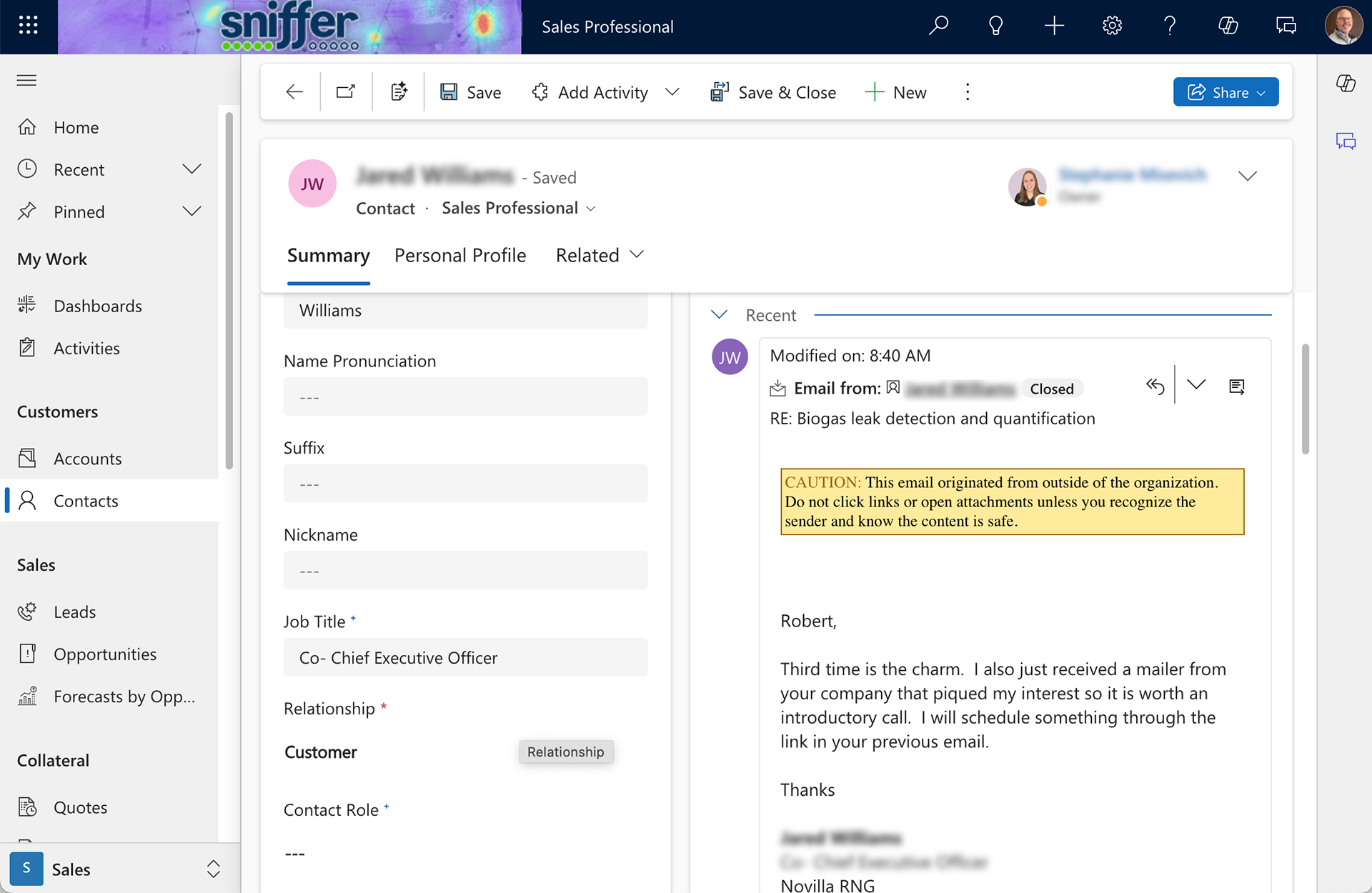 CRM Record of e-mail Engagement