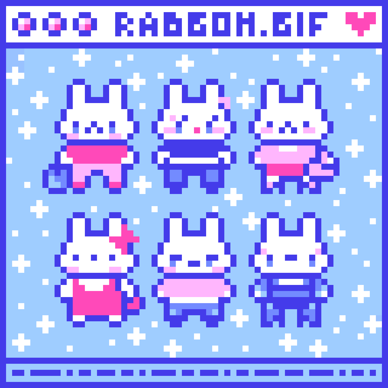 Déclinaison du petit lapin issu de l'illustration du Steam avec 6 tenues différentes, et toujours une palette réduite.