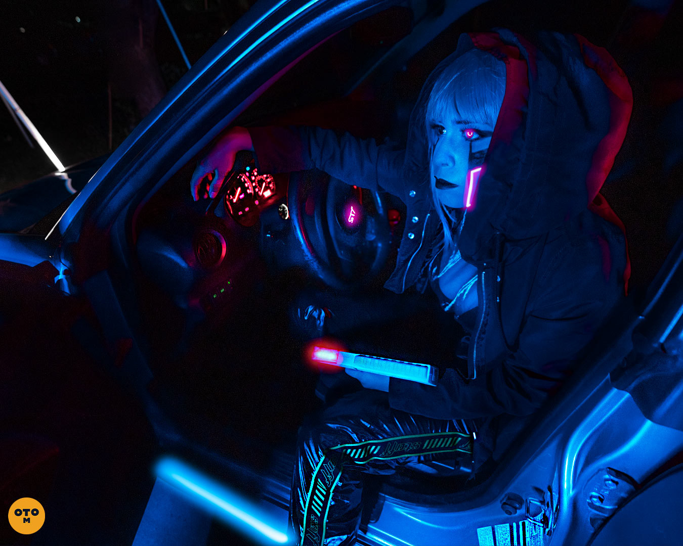 Blue cyber girl holding laser gun, stepping out of car. cosplaying from videogame cyberpunk 2077.