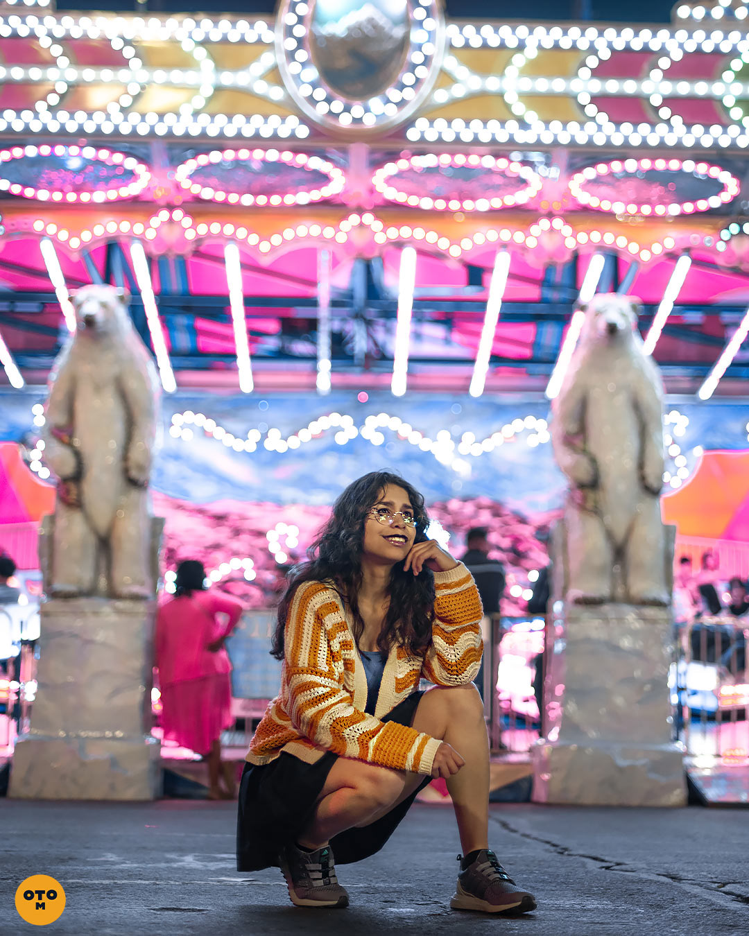 Carnival photoshoot, colorful neon lights in the background, shot on nikon mirrorless camera, otrominuto creative portrait photography