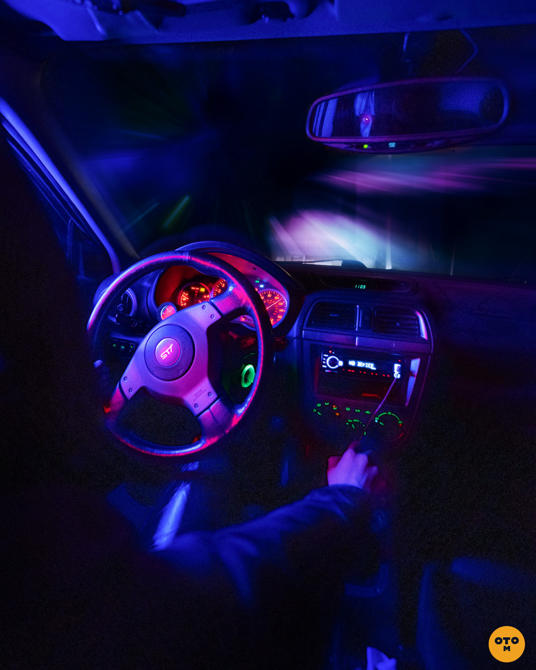 cyberpunk 2077 inspired photoshoot, girl driving subaru wrx sti, photos by @otrominuto