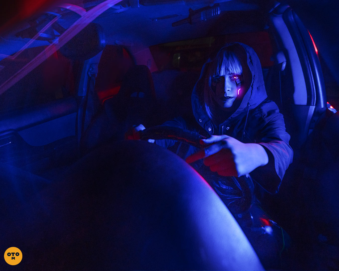 cyberpunk girl driving car, inside view, cyberpunk 2077 cosplay photoshoot with @emi.tela.