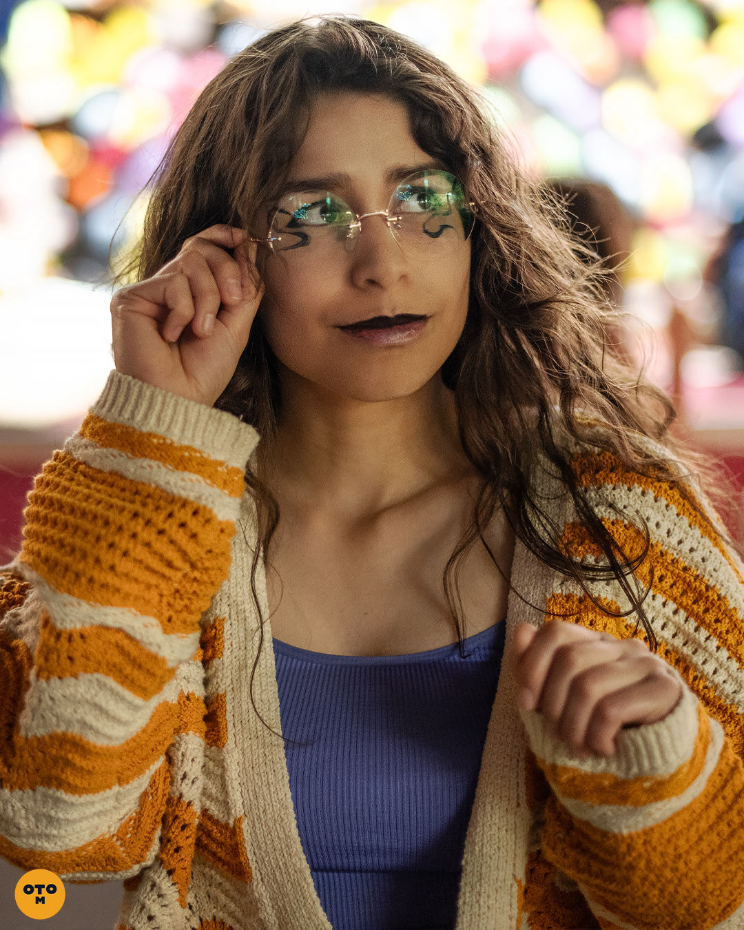 girl with fun makeup portrait photography at carnival, bokeh