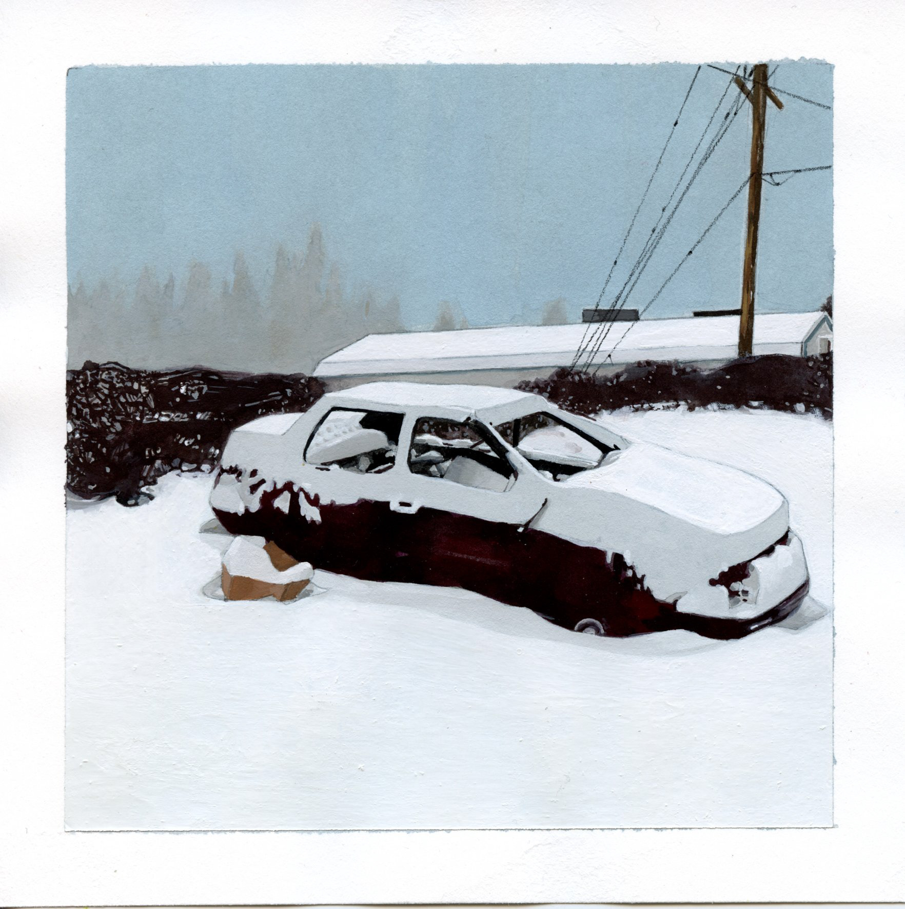 Box, car, snow (26 December 2021) - 6"x6", gouache on paper, 2023