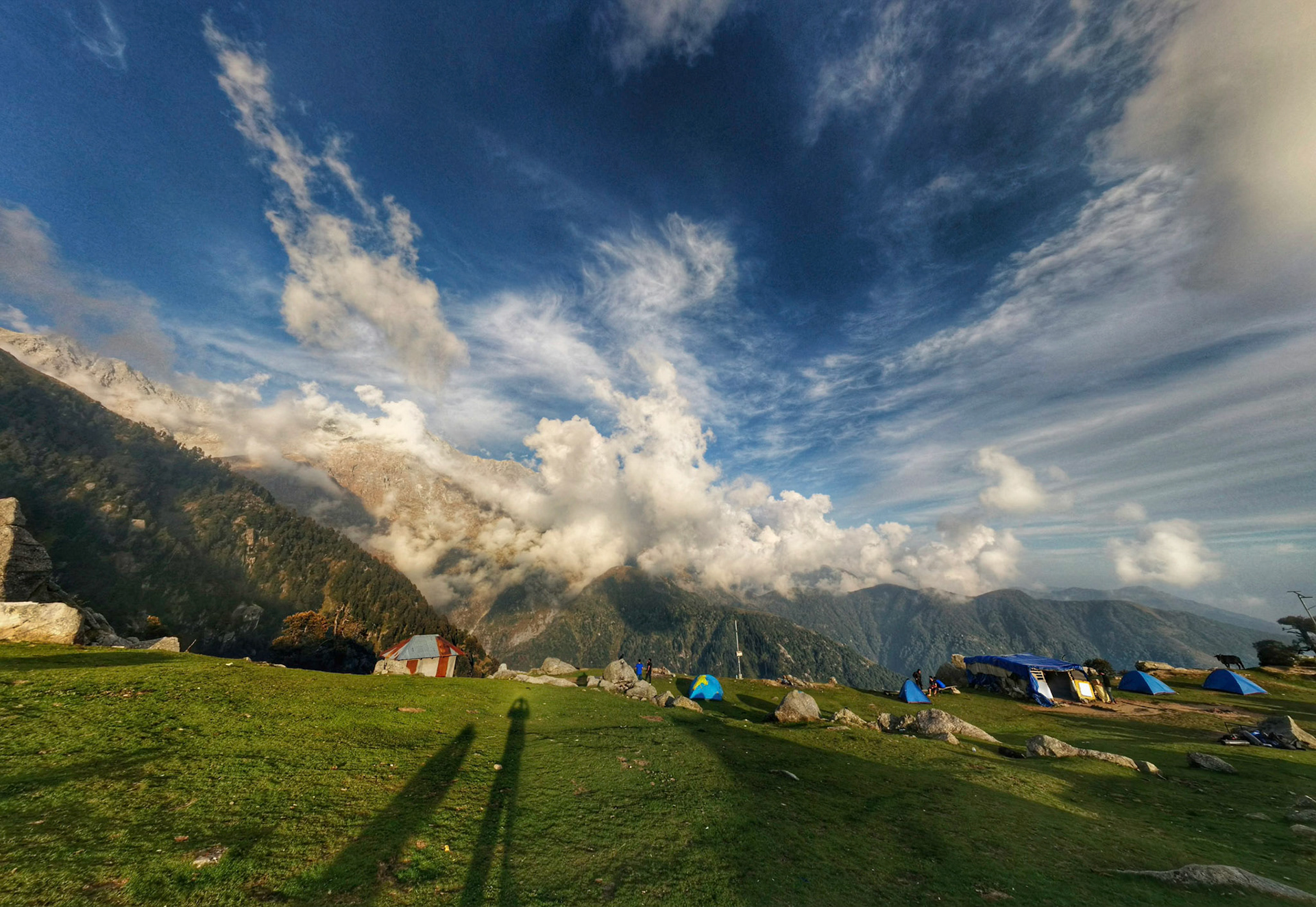 The setting sun of the evening provided a perfect opportunity to capture a 'shadow selfie' of myself together with the beauty of the mountains with the dynamism provided by the puffy clouds. Since this was on a trekking trip where I did not have my DSLR, I decided to explore the capabilities of phone camera (Google Nexus 5) to capture the beauty of nature.