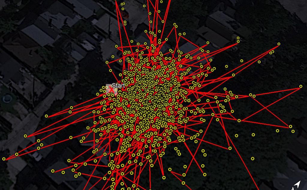 a mess of red lines sits on top of a satellite image of a neigbourhood.