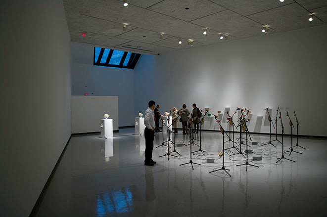Singing Condition I&II 2010/11. Gallery installation shot with mechanical birds in front.