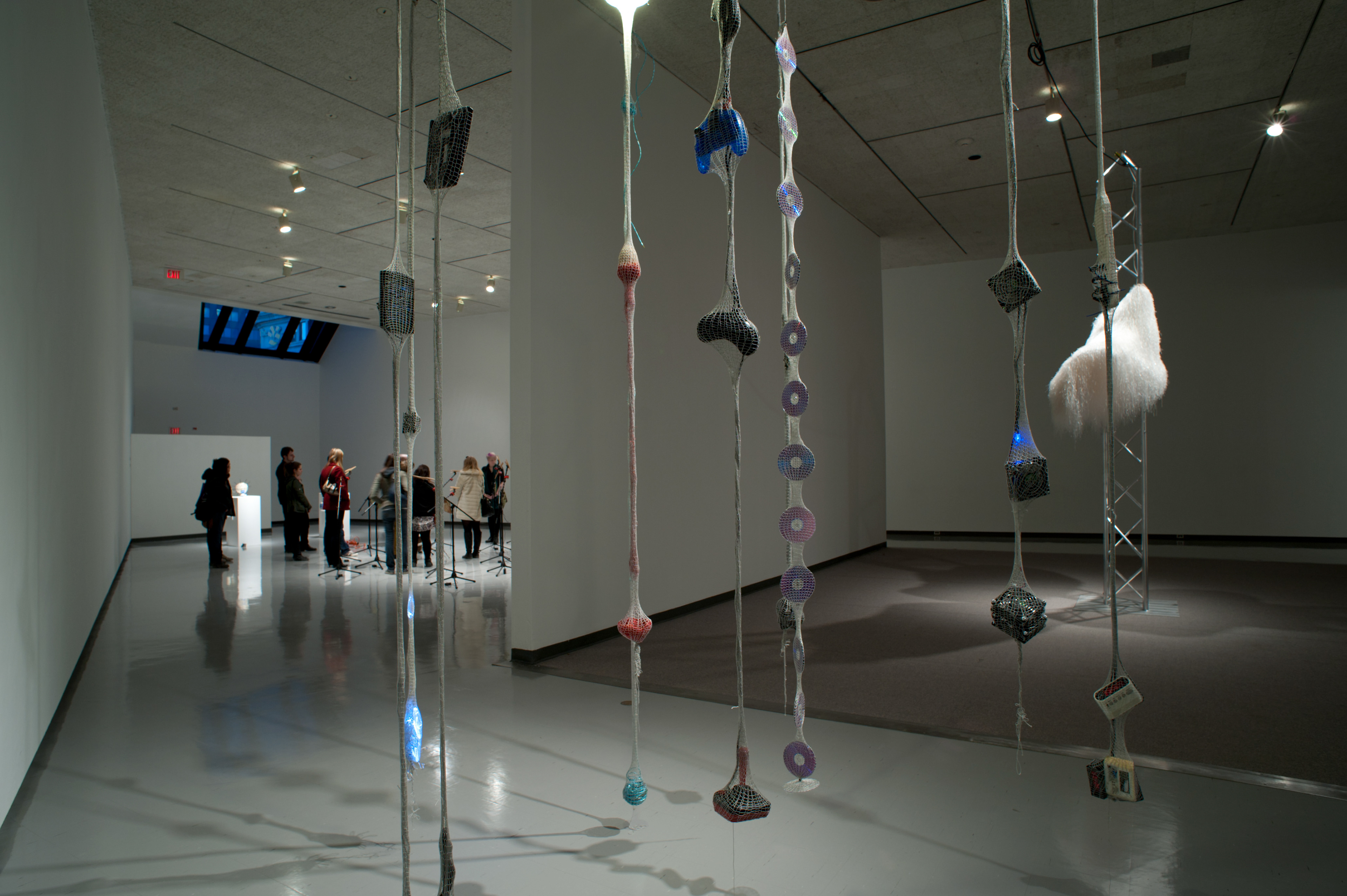 Mechatronic Magpie. 2011. knitted tubes, assorted electronics, clock radios, joysticks, cds