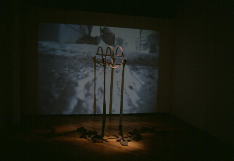 Sleeves. 1999. looped video projection, sound, sculptural object.
