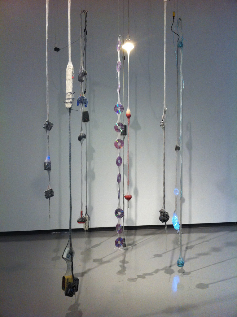 Mechatronic Magpie. 2011. knitted tubes, assorted electronics, clock radios, joysticks, cds