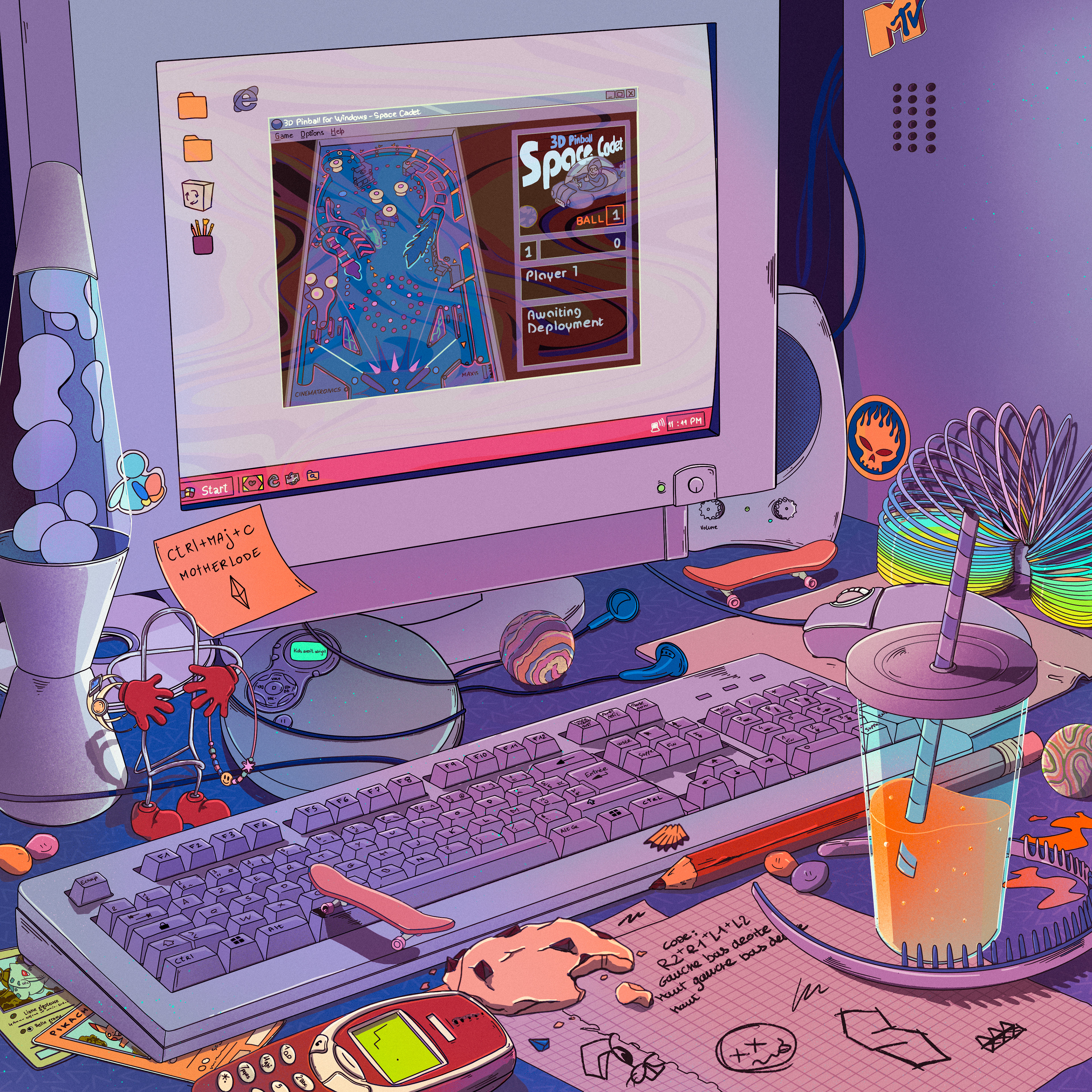 illustration cherche et trouve, illustration narrative, lofi illustration, aesthétique illustration, background illustration, msn, lampe à lave, lava lamp, PC windows 98, nostalgie, enfants des années 90, cartes pokémon, nokia 3310, graphiste illustratrice, illustrateur france, illustratrice rétro, illustration rétro