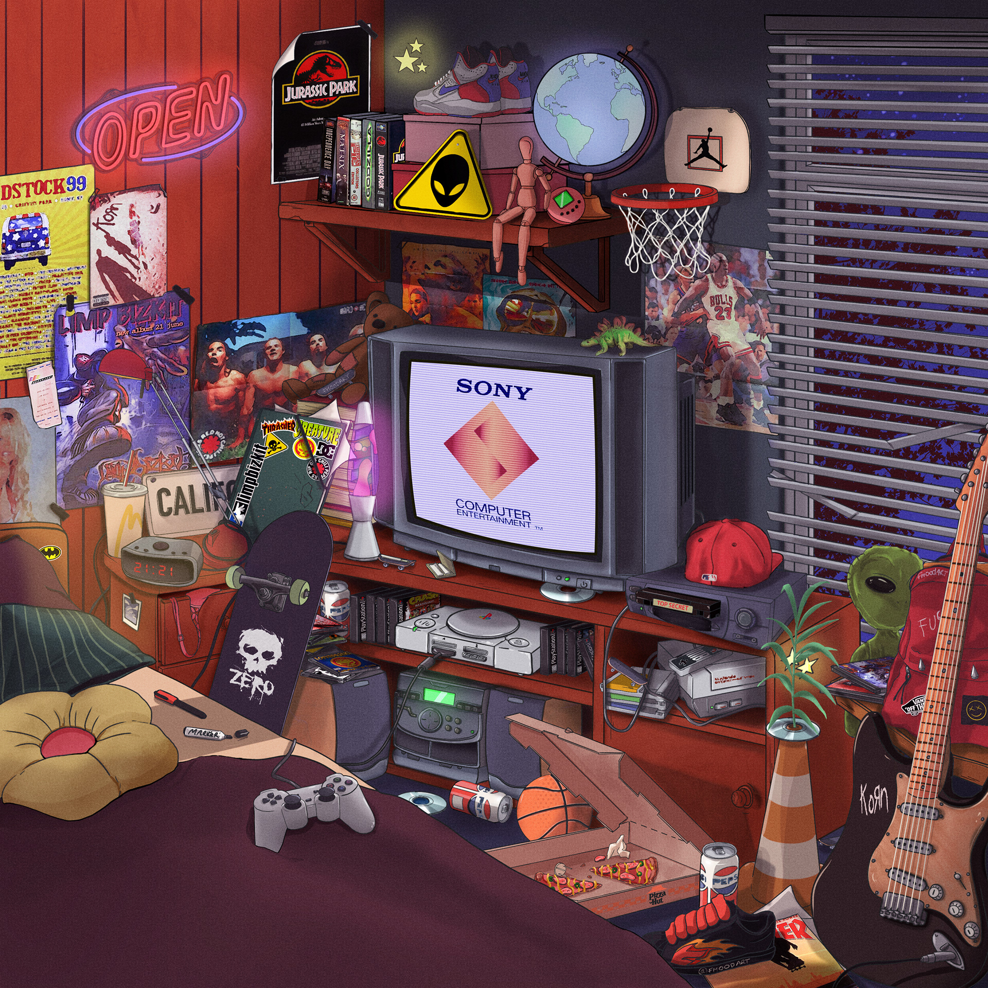 Illustration cherche et trouve, illustration années 90, millenials, chambre années 2000, poster woodstock, poster korn, poster jurassic park, PS1, planche de skate ZERO, pizza hut, poster limp bizkit, illustratrice française, illustratrice rétro, graphic design, graphiste freelance, illustrateur freelance