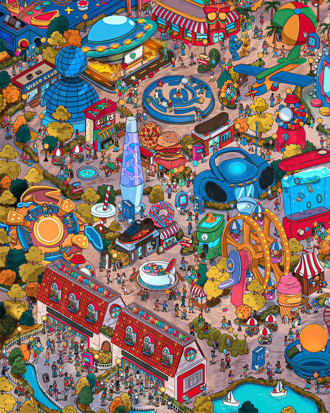 map illustrée, map illustration 2D, Map attraction park, carte parc d'attraction déssiné, fresque illustration, illustration rétro, illustration millenials, illustration roller coaster tycoon, graphiste freelance, illustrateur graphiste, illustration retro