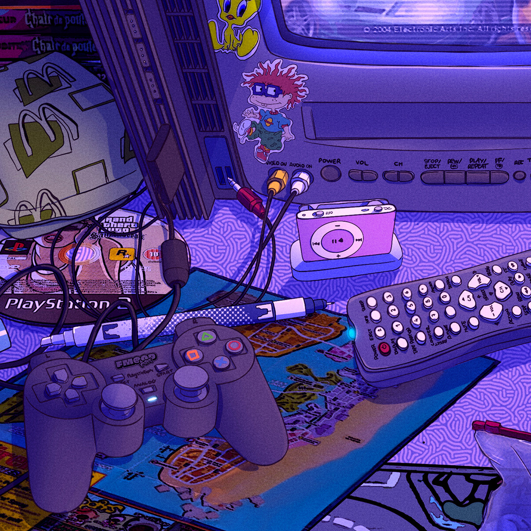 illustration rétro, ou est charlie ?, cherche et trouve, nostalgie illustration, nostalgia land, boîte Mcdo vintage, GTA sans andreas CD, illustratrice france, illustrateur france,