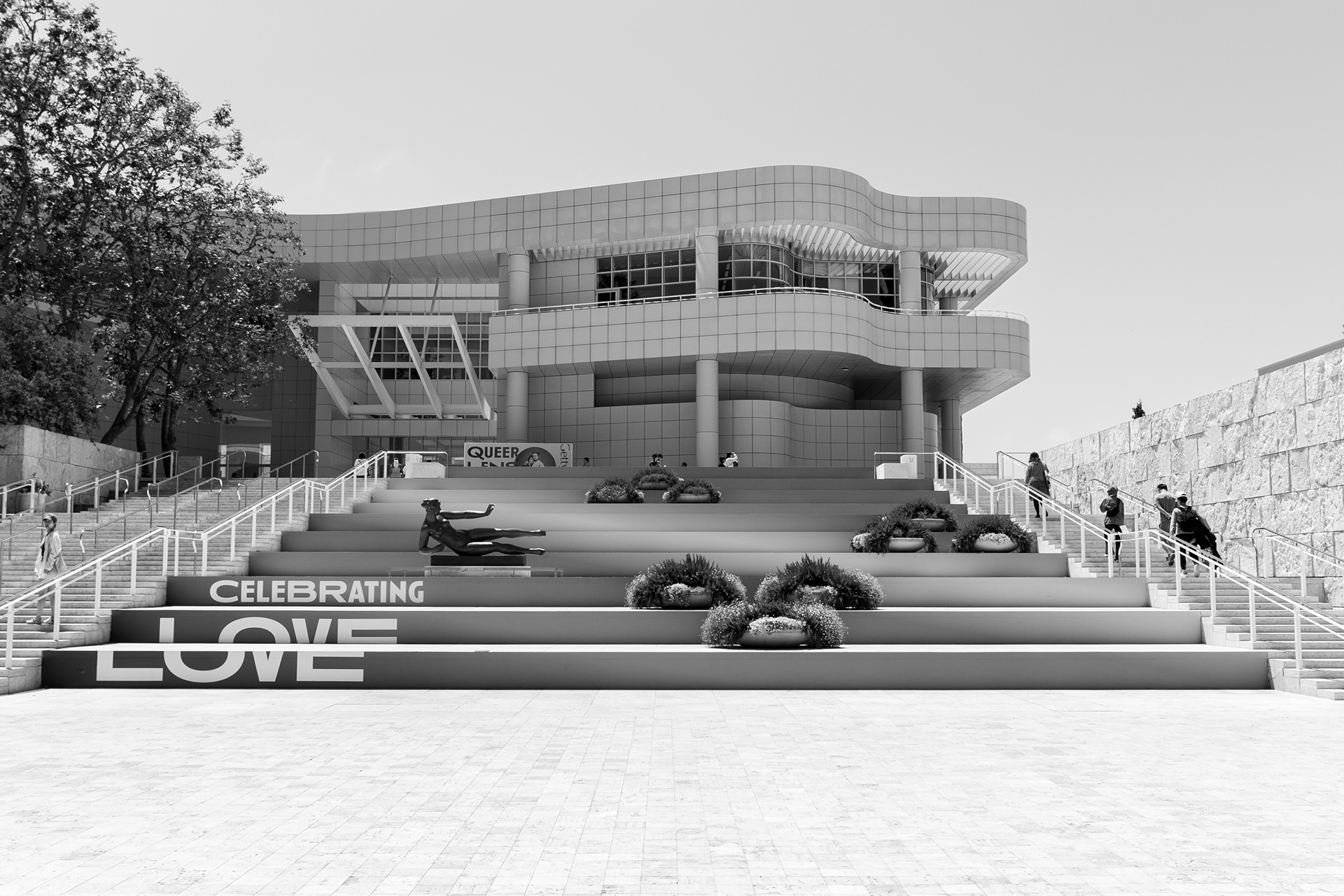 Getty Museum front steps with people