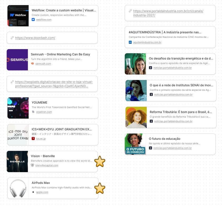 Print dos cards inseridos no Figjam com os links dos sites descobertos em Benchmarking.