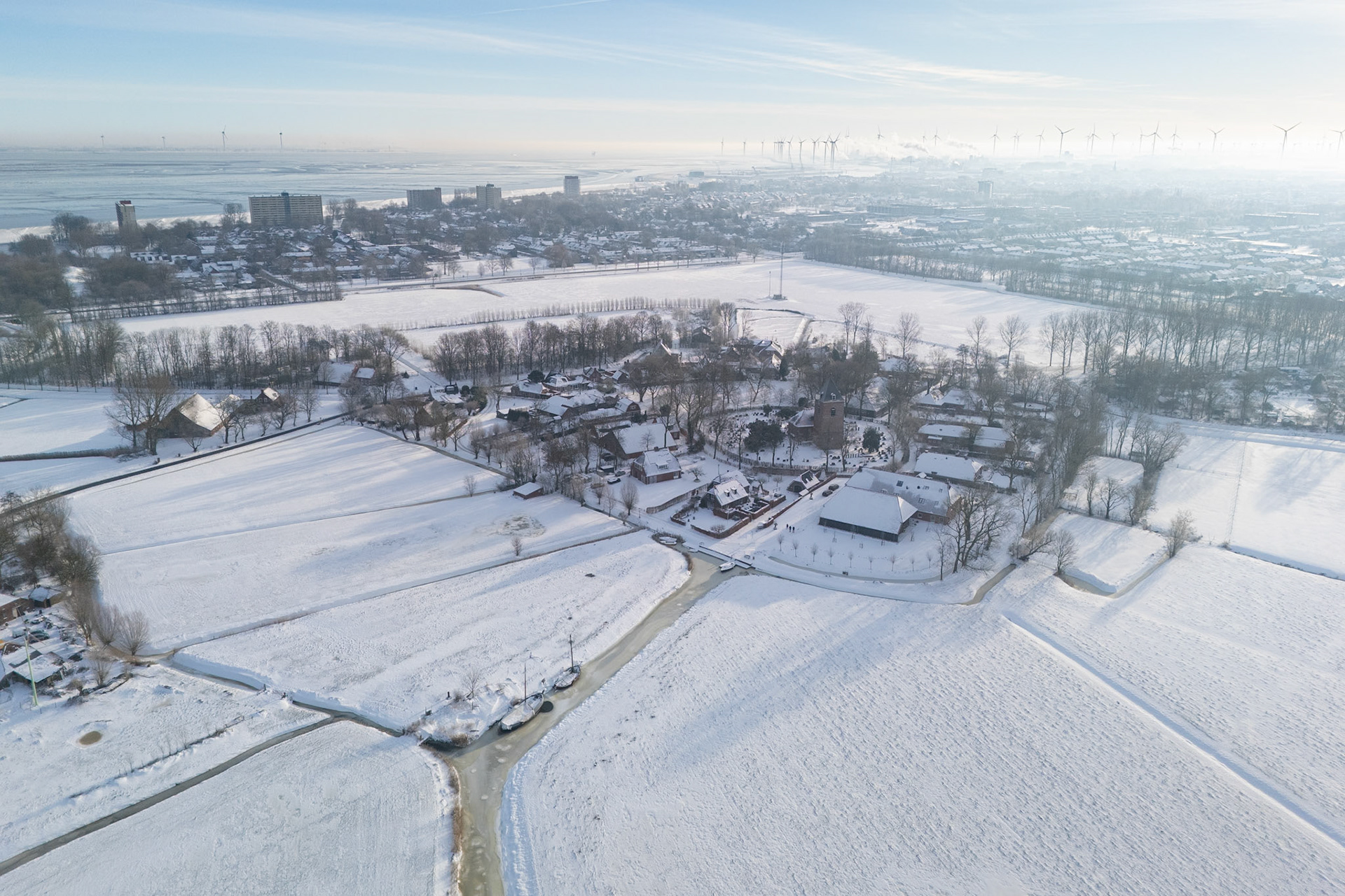 Uitwierde from above with Delfzijl in the background.