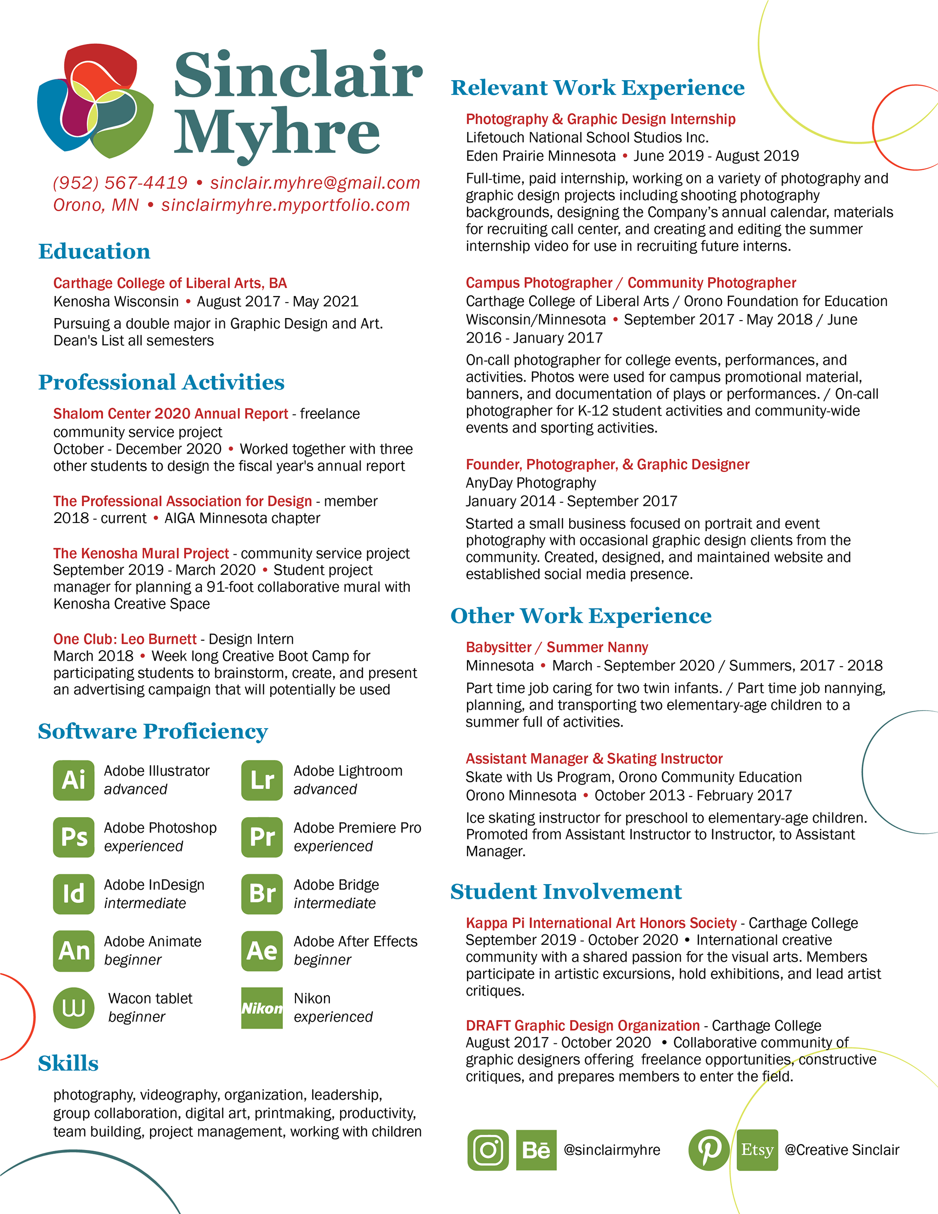 Sinclair Myhre resume education activities and work experience