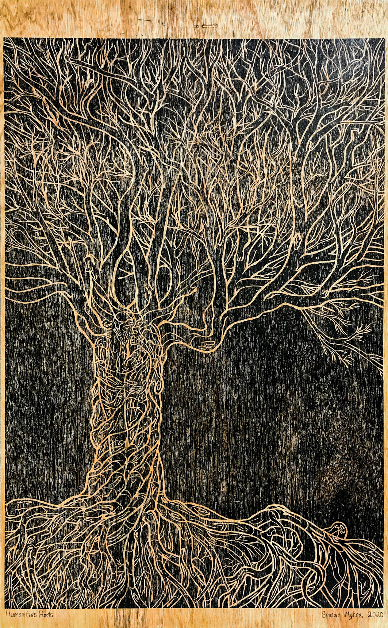 Humanities Roots lovers embrace relief print on wood 25x40