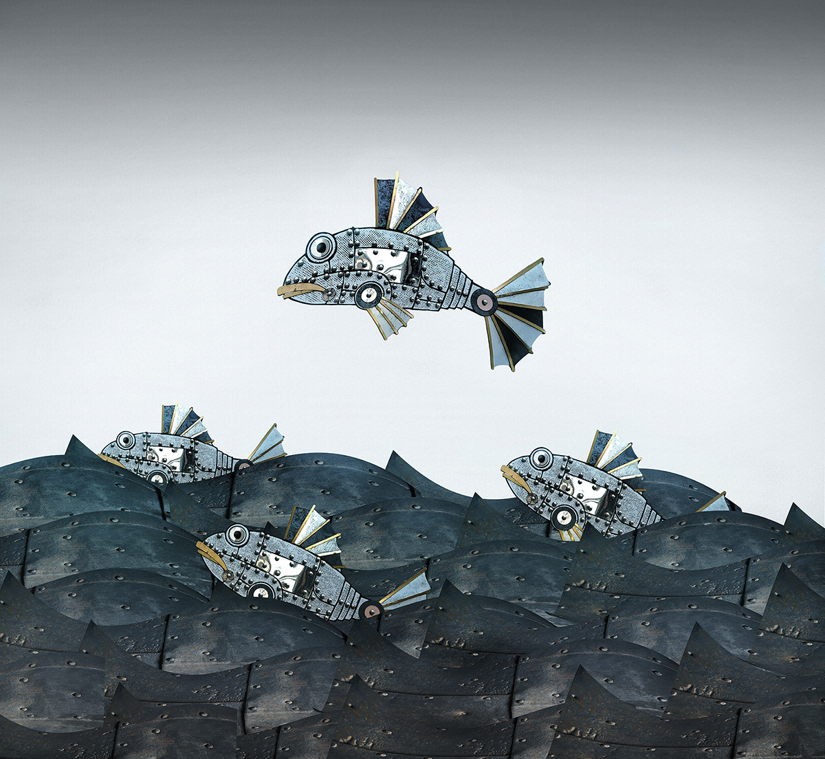 • Mechanic Ocean And Industrial Fishes • A surreal choreography where the fluid rhythm of the sea meets the precise engineering of life. An allegory of time, nature and structure.