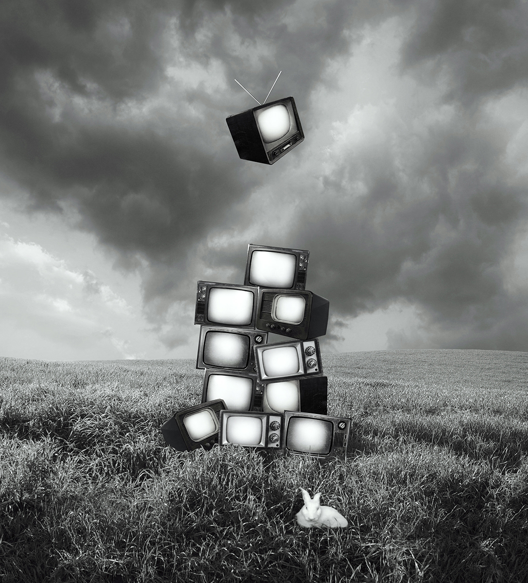 • Vintage Metaphysics Televisions • A profound monochrome artwork exploring the intersection of media, time, and isolation through a pyramid of vintage televisions