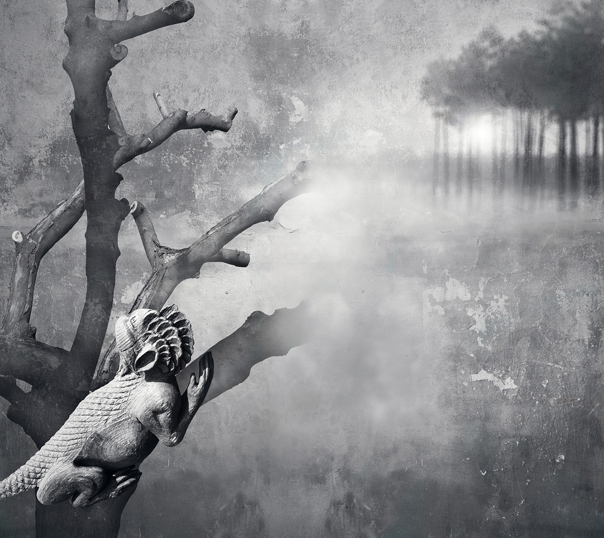 • Echoes Of An Imaginative Horizon • A hauntingly beautiful monochrome dreamscape where a mythical creature finds refuge upon an ancient tree