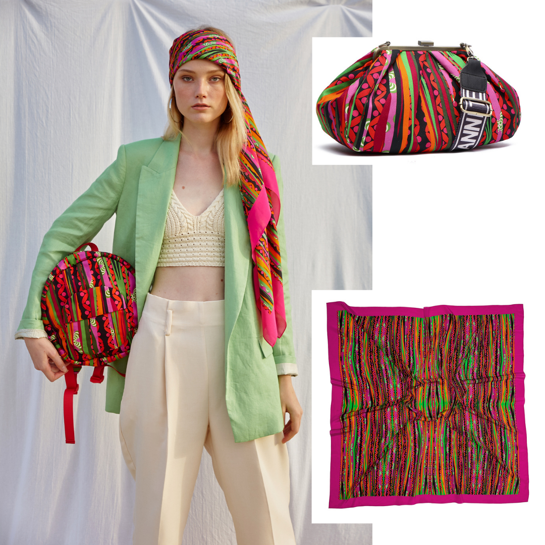 Silk Scarf, Cotton backpack, Clutch / Fun Bamboos Textile Pattern