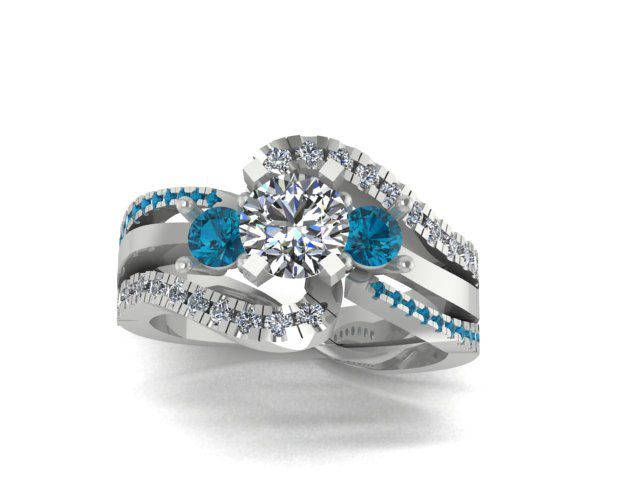 14K WG, London Blue Topaz and Diamonds. Two Rings, Nestled