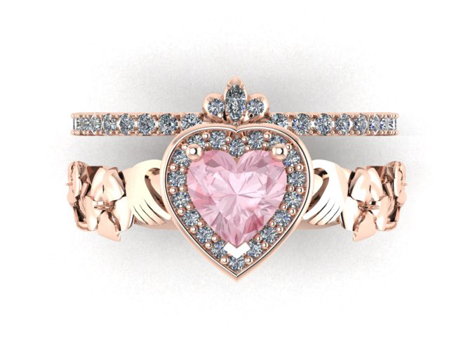 Peach Morganite, Diamond Halo Claddagh Inspired with Band