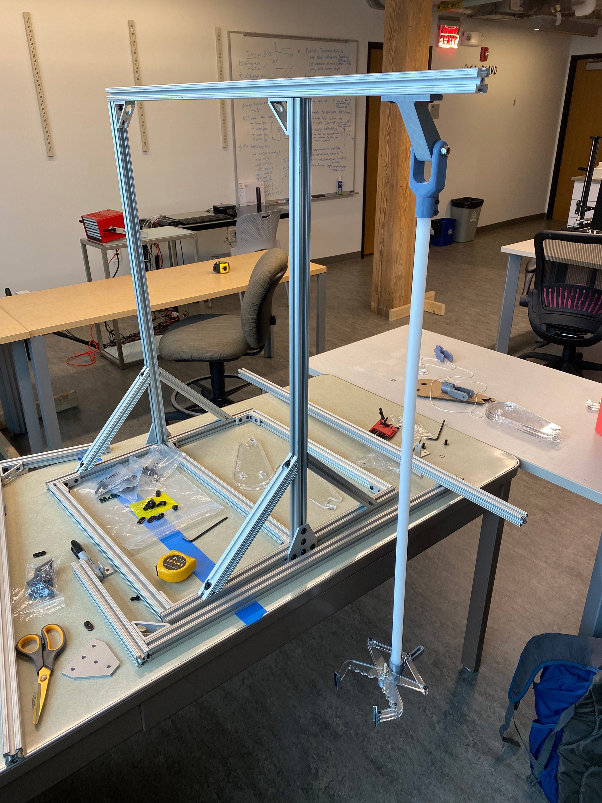 An assembled testing rig with arm in place