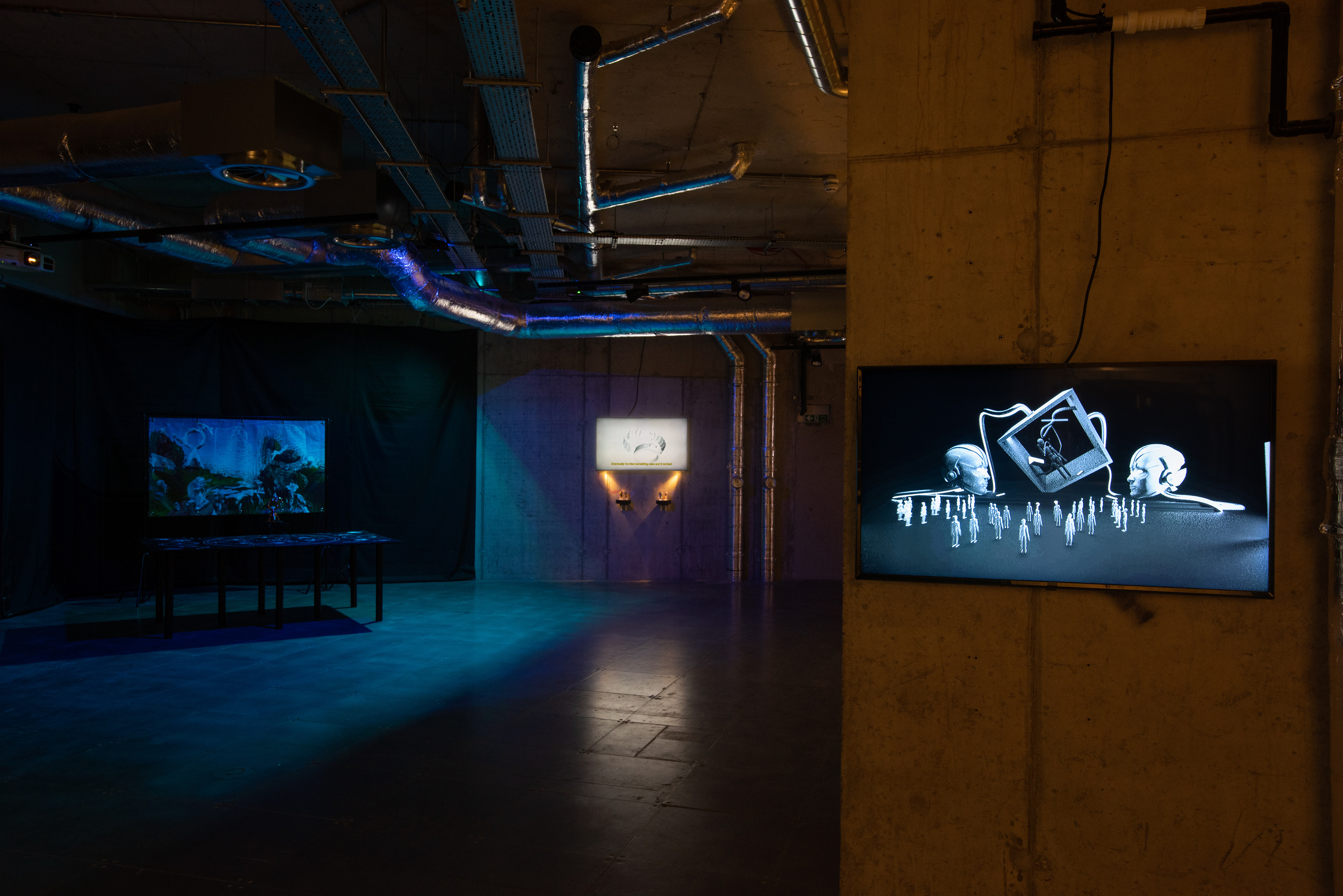 Installation view of POWERPLAY at arebyte Gallery, 2020. Featuring works by Mr Color, Bolatito Aderemi Ibitola, Vincent Bezuidenhout, Scumboy, King Debs, Mbakisi Sibanda, Kumbirai Makumbe, and Isaac Kariuki. Image: Max Colson.