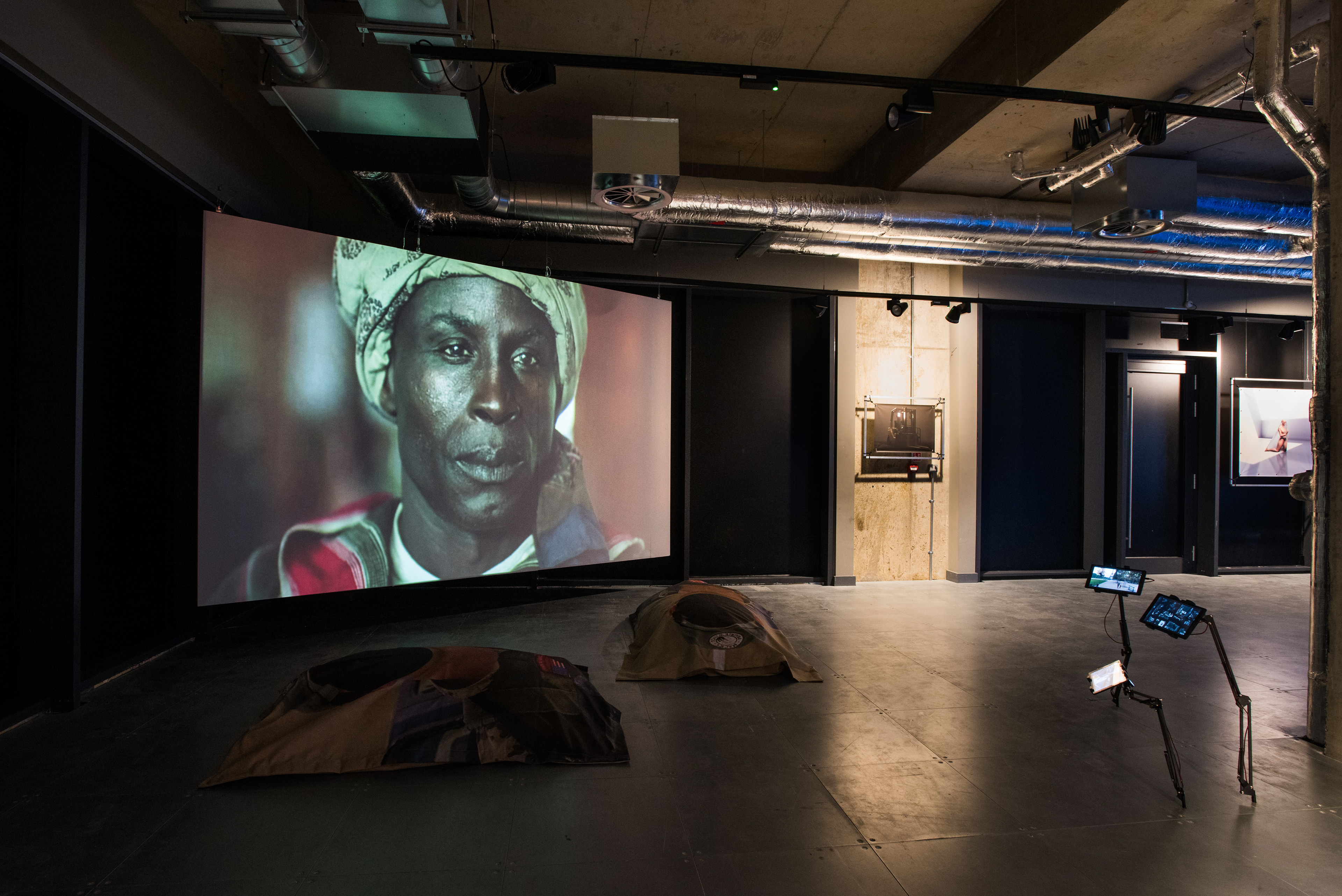 Installation view of POWERPLAY at arebyte Gallery, 2020. Featuring works by Mr Color, Bolatito Aderemi Ibitola, Vincent Bezuidenhout, Scumboy, King Debs, Mbakisi Sibanda, Kumbirai Makumbe, and Isaac Kariuki. Image: Max Colson.