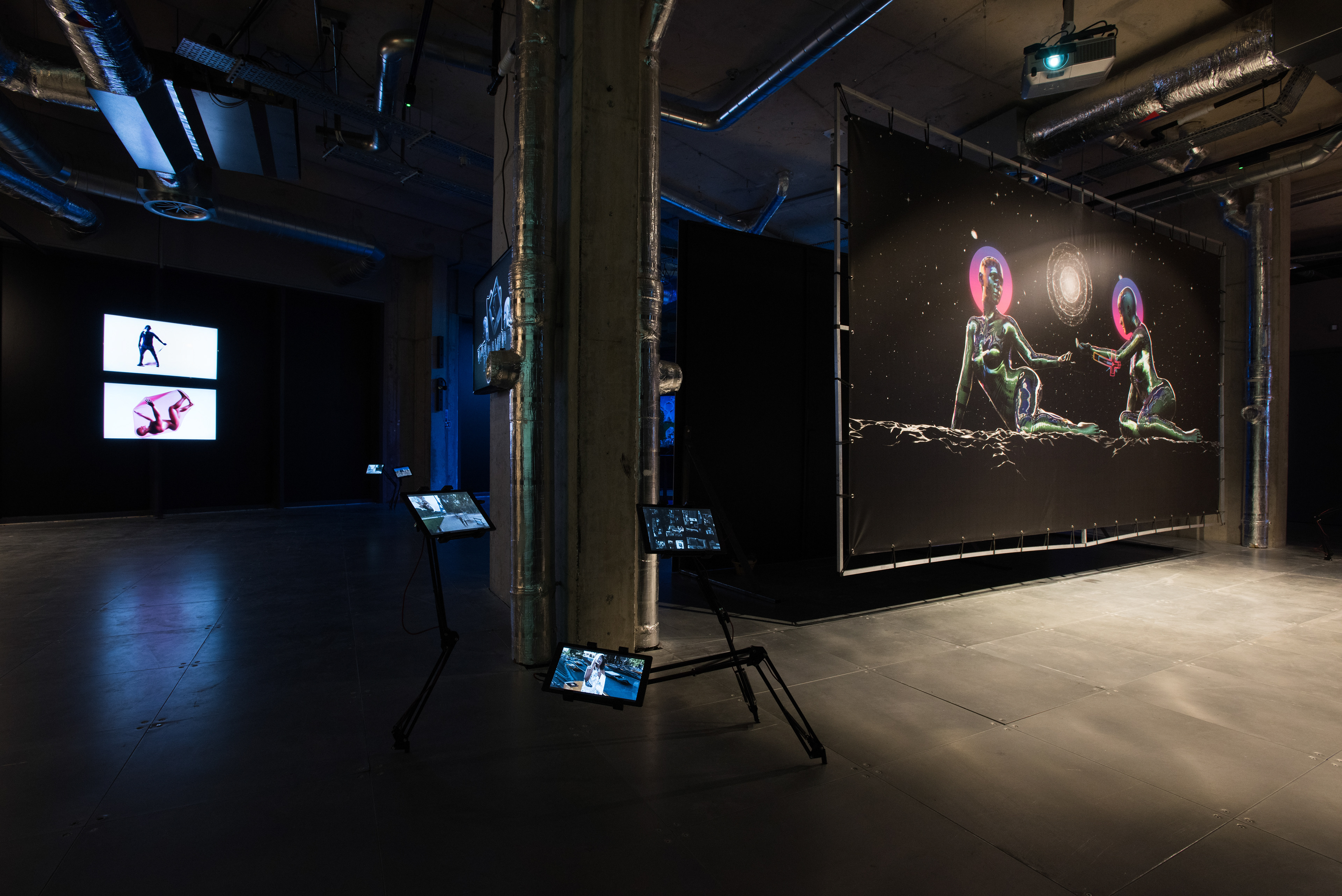 Installation view of POWERPLAY at arebyte Gallery, 2020. Featuring works by Mr Color, Bolatito Aderemi Ibitola, Vincent Bezuidenhout, Scumboy, King Debs, Mbakisi Sibanda, Kumbirai Makumbe, and Isaac Kariuki. Image: Max Colson.
