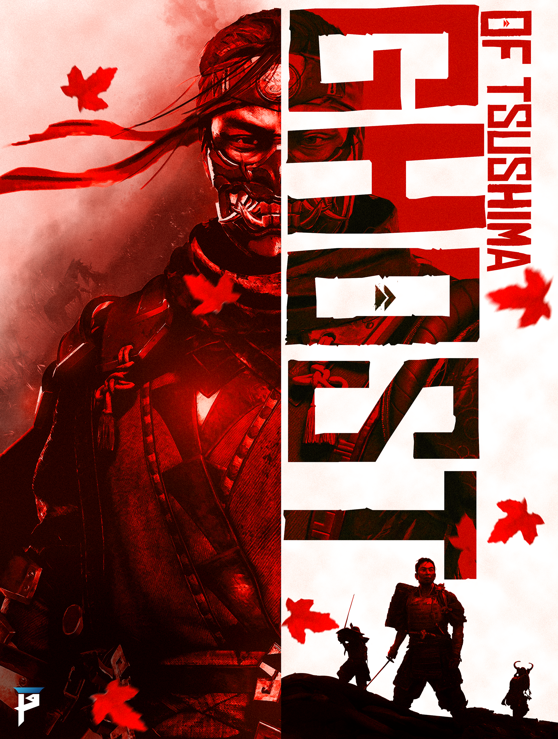 ghost of tsushima i put the hero of the game in the middle with famous mask and some picture from the game