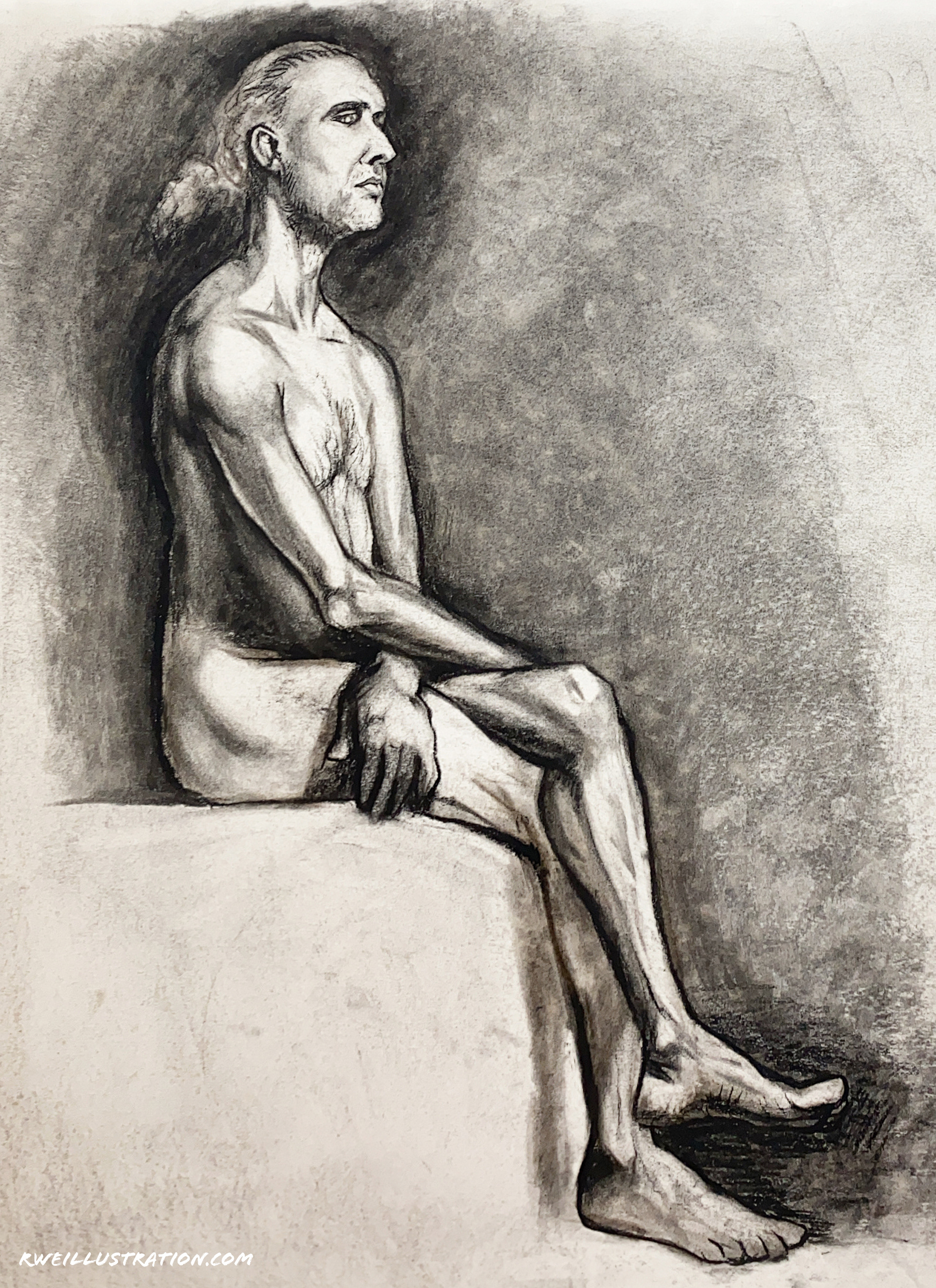 Model figure drawing, charcoal on paper