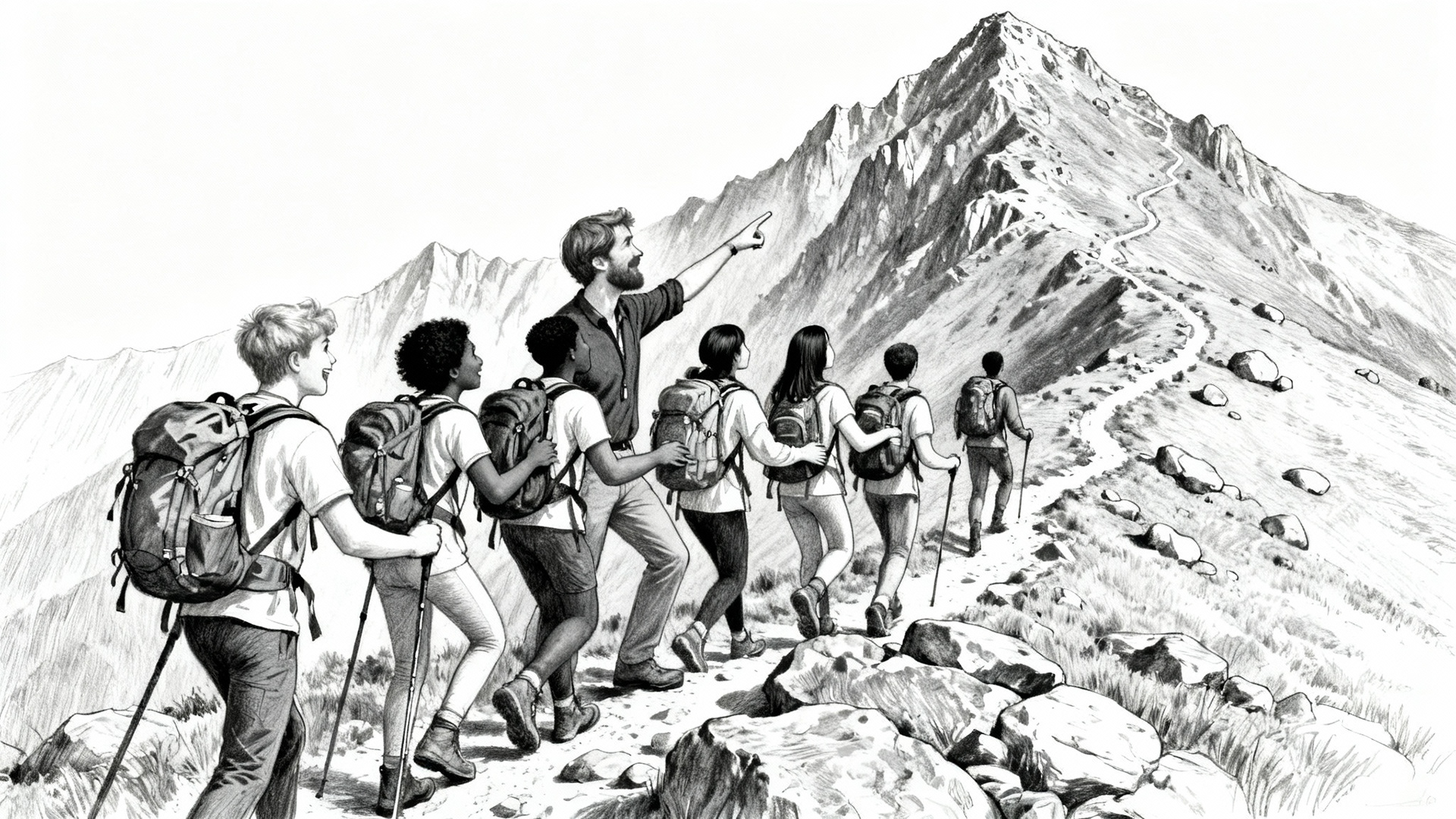 Black-and-white pencil drawing of UK university students hiking with their educator facilitating from within the group. An attempt to visualise my educational philosophy. Created with Abacus.AI