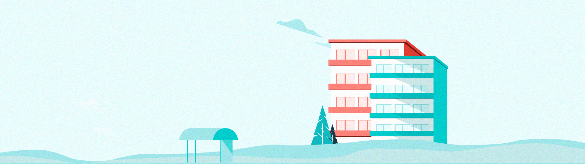 Digital illustration of 2 red and teal HDB buildings and a bus stop on a calm plain.