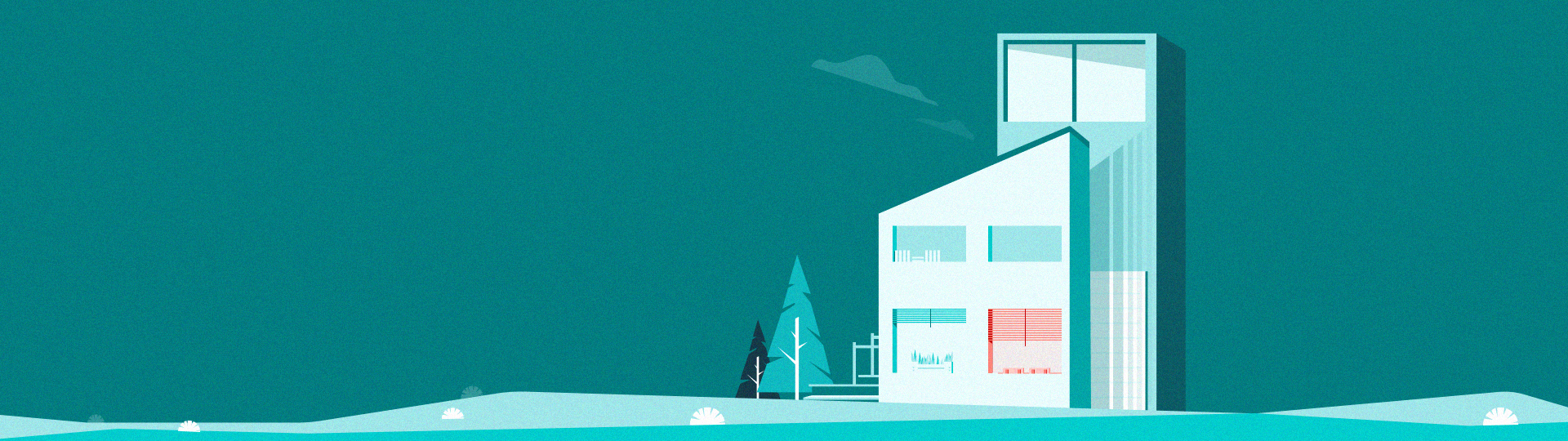 A Digital illustration of a modern house on a calm plain with teal monochrome color