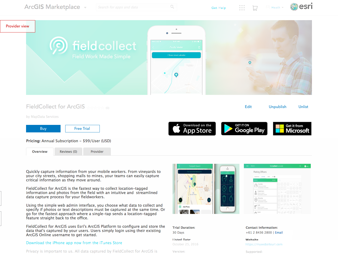 Product page for a mobile app as seen by the seller
