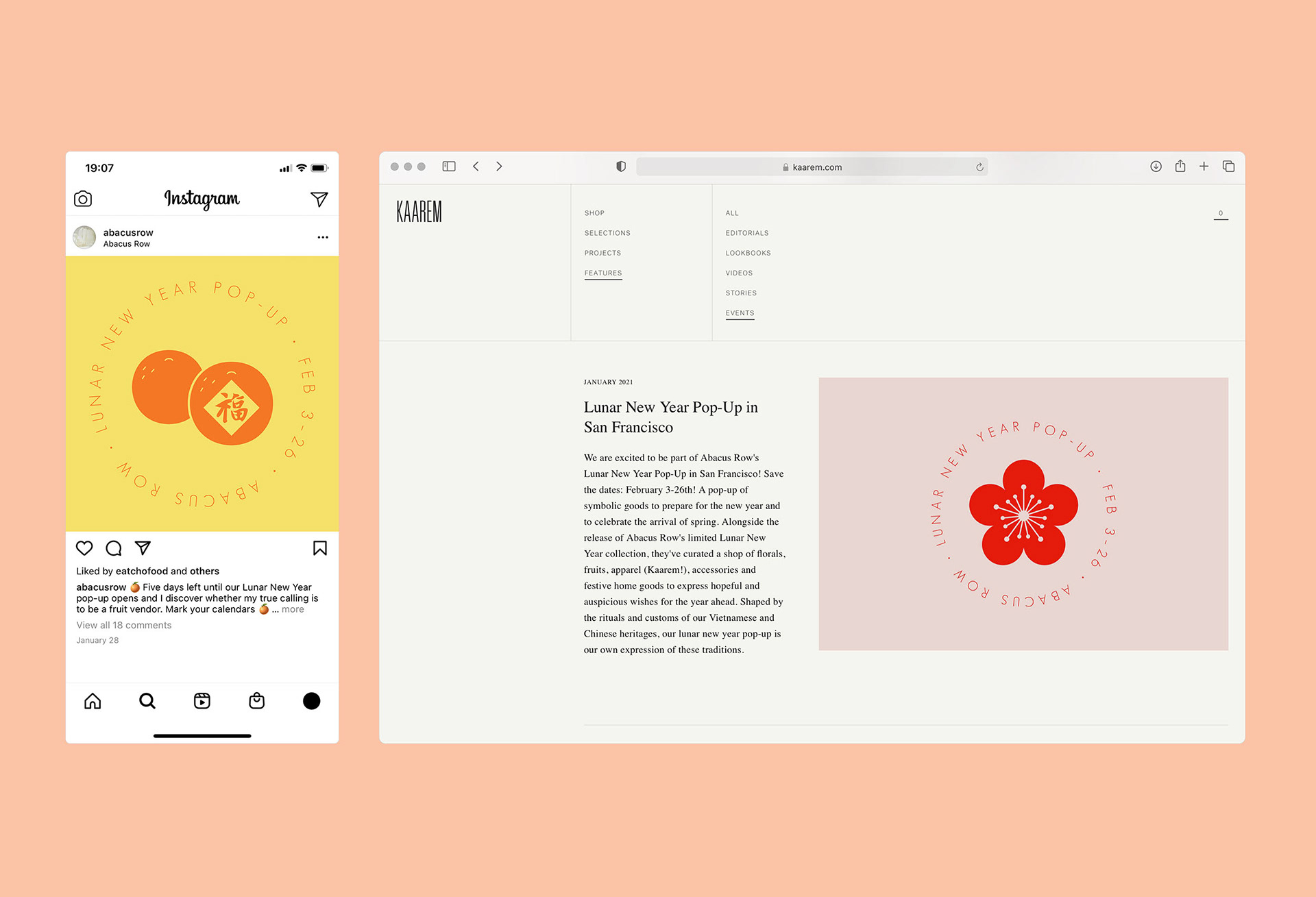 Icon illustrations of mandarins and a blossom used as event advertising on Instagram and on a website