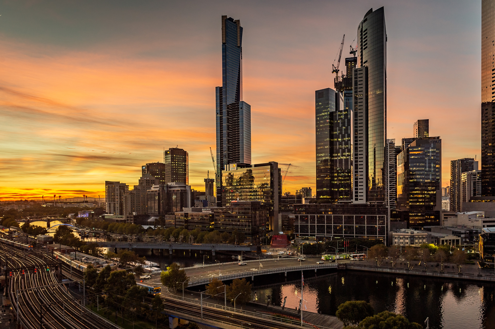 A Melbourne sunrise. Flinders Street Station is to the left and beyond view.