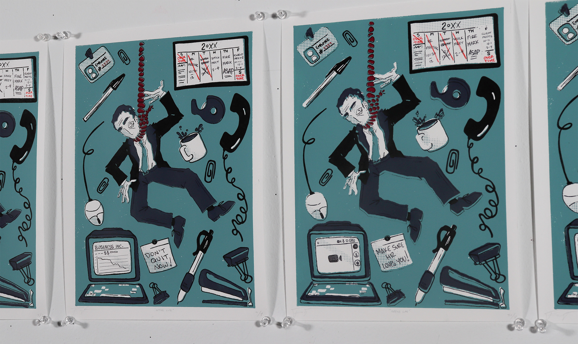 Office Life (detail) ; screenprint, ballpoint pen ; 12” x 67” ; 2024