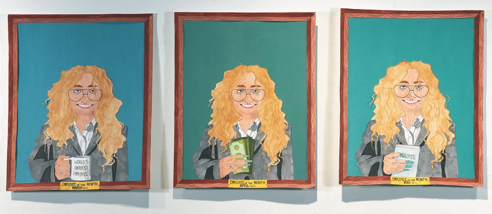 Game Changer, Money Maker, Evangelist ; gouache, collage, colored pencil, acrylic paint ; 20.5” x 54.5” ; 2023