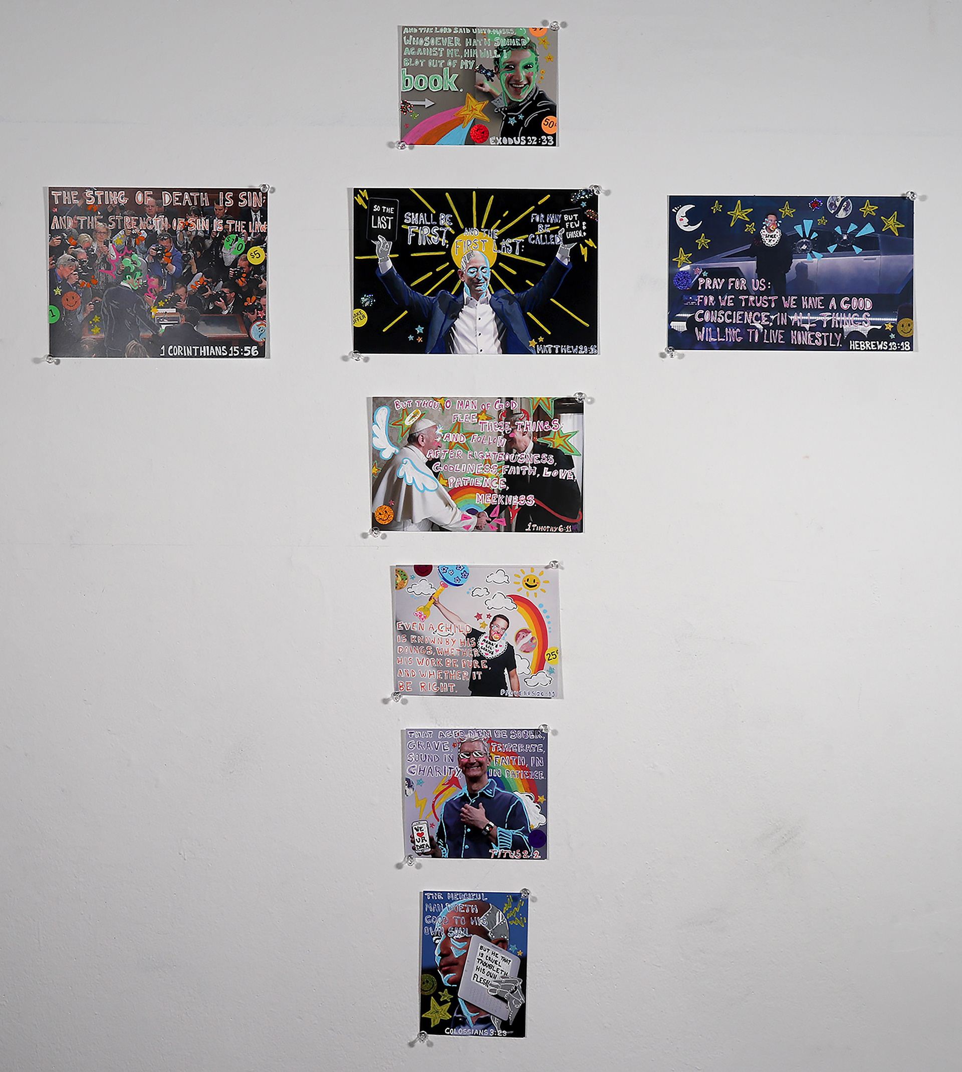 Scripture ; cardstock inkjet print, stickers, acrylic paint pens ; 40” x 34” ; 2024