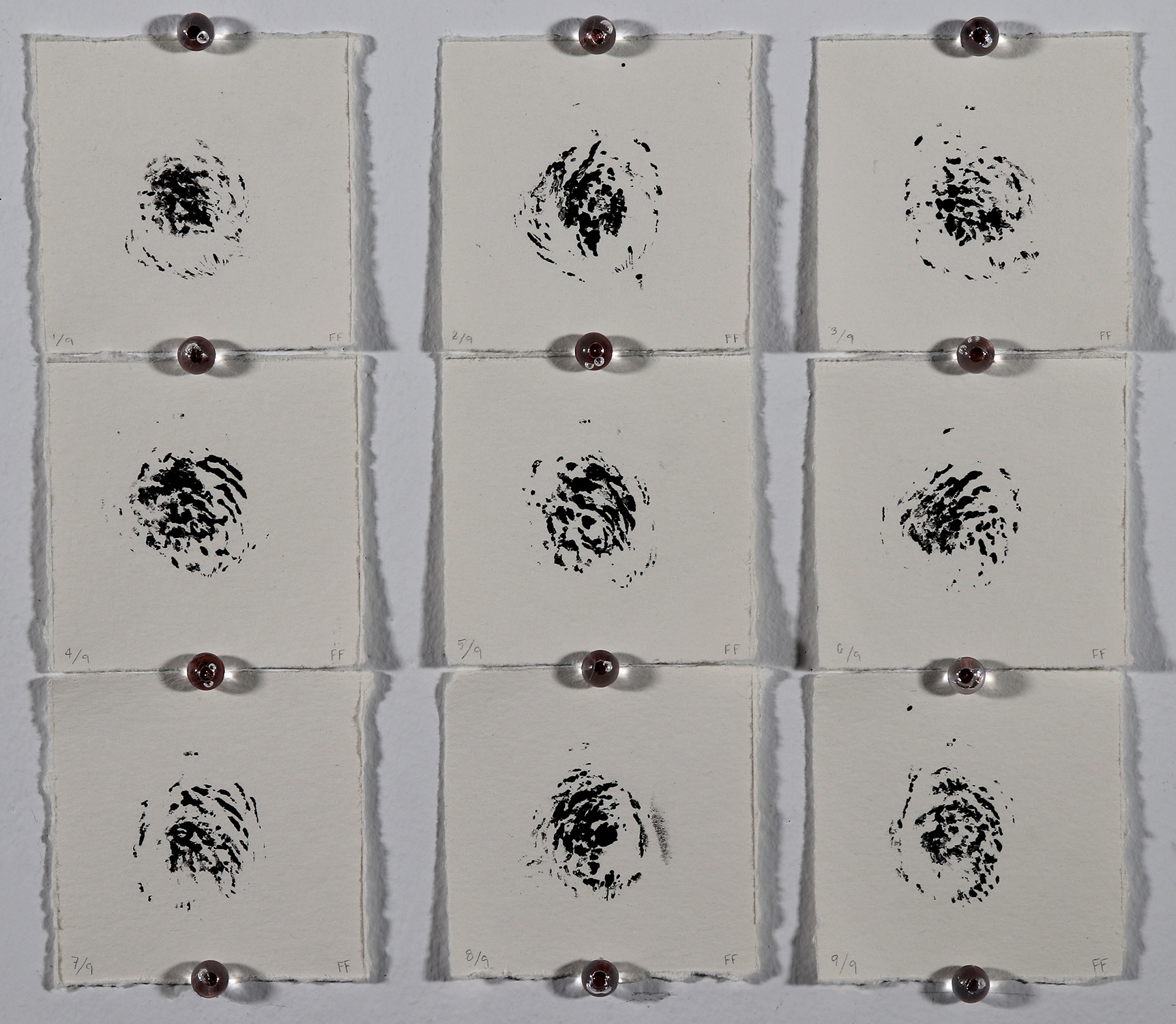 Peach Pits ; three peach pits, archival ink ; 9” x 10.5” ; 2024